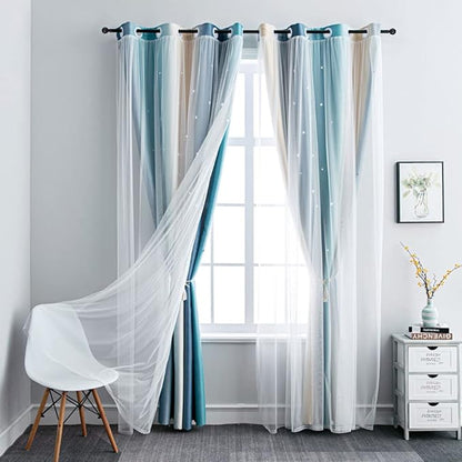 FANLI Ombre Rainbow Blackout Curtains for Kid Girls Bedroom Living Room Darking Stripe Double Layer Star Cut Out Wall Home Decor Gradient Grommet Window Curtains (Blue/Yellow, 52W x 95L)
