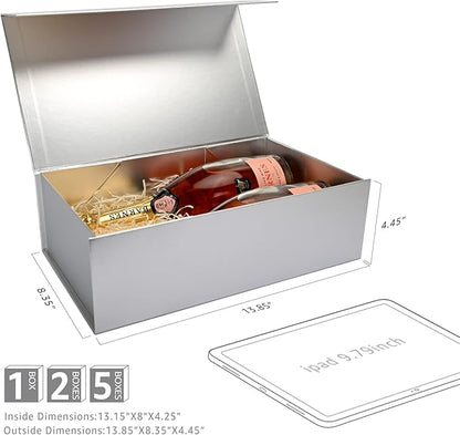 LIFELUM Gift Boxes with Lids,5 Pack 13.85 x 8.35 x 4.45 inch Silver Gift Boxes with Ribbon, Card, Shredded Paper Filler Gift Boxes for Presents,Graduation,Christmas,Birthdays