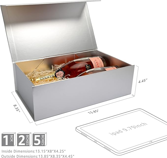 LIFELUM Large Gift Boxes with Lids,2 Pack 13.85 x 8.35 x 4.45 inch Silver Gift Boxes with Ribbon, Card, Shredded Paper Filler Gift Boxes for Presents,Graduation,Christmas,Birthdays