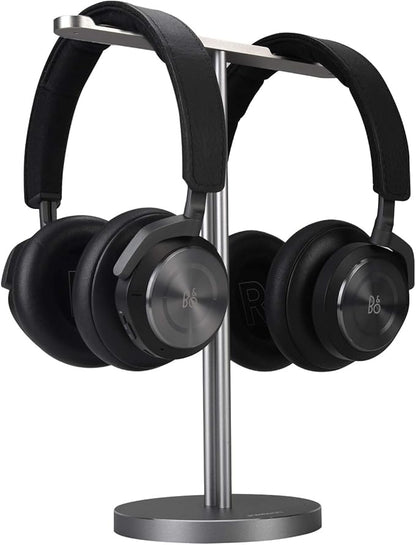Double Headphones Stand, Aluminum Alloy Desk 3 Headsets Holder Supporting Desktop Earphone Hanger Mount Storage Rack with Heavy Base for Home and Office Display Spacegrey