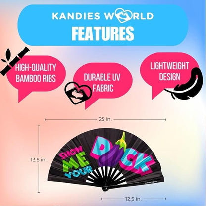 Kandies World UV Reactive Custom Festival Folding Hand Fan - Unique Designs, Made of Bamboo, Clacking Sound, Lightweight - Perfect Rave and Festival Accessory!