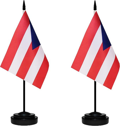 Puerto Rico Puerto Rican Deluxe Desk Flag Set Small Mini Miniature Puerto Rico Puerto Rican Table Desktop Flags With Solid Pole, Black Base and Spear Top(2 Pack)
