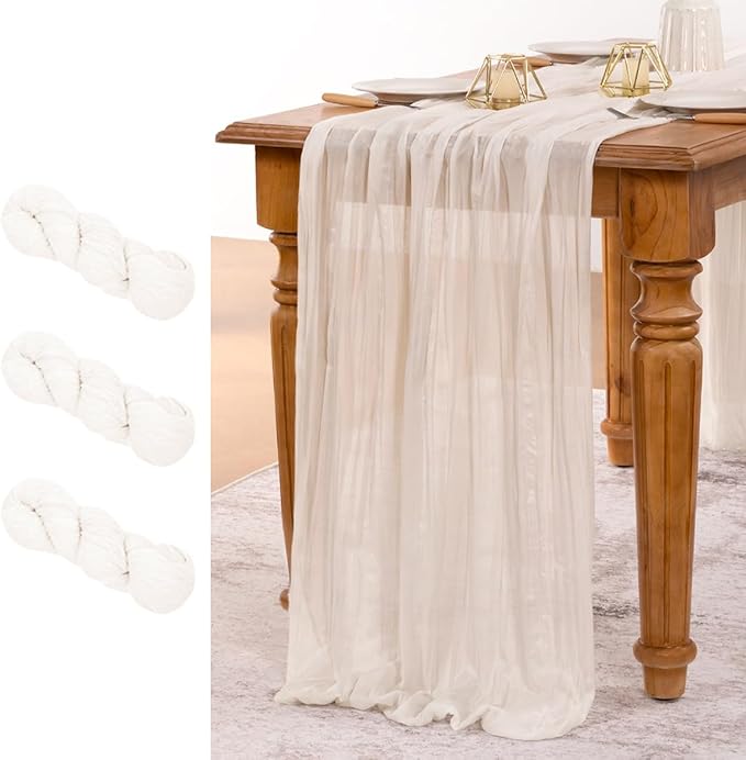 MLMW 3 Pack Ivory White Table Runner Cheesecloth Boho Gauze Rustic Cheese Cloth Table Runner 160 inch Sheer 13.3ft for Thanksgiving Wedding Party Baby Bridal Shower Birthday