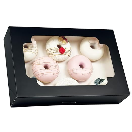 qiqee Auto-pop up Black Cookie Box with Window 12x8x2.5 inch 32 Packs Two Uses One Second Folding Pastry Biscuit Bakery Box for Packaging