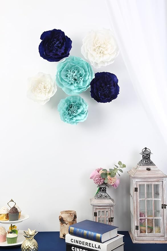 Paper Flower Decorations for Wall, Navy Blue Wedding Backdrop, Baby Boy Nursery Wall Decor, Bridal Shower, Nautical Theme Birthday Party (Navy Blue, Light Blue, White, Set of 6)