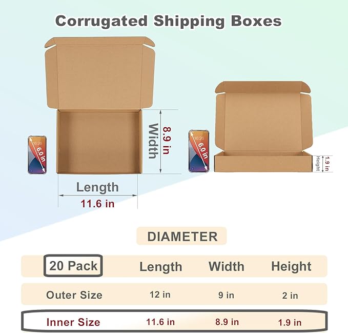 MEBRUDY 12x9x2 Inches Shipping Boxes Pack of 20, Small Corrugated Cardboard Box for Mailing Mailer Packing, Brown