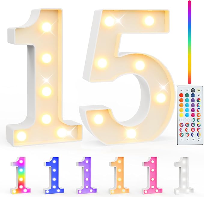 Pooqla 15th Birthday Decorations for Girls Boys, 35 Colors LED Light Up Numbers with Remote, Multicolor Marquee Numbers 15 Sign for Teen Party Anniversary Wedding Decor 15th Birthday Gift, Number 15