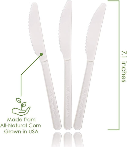 Ecovita 100% Compostable Knives - 140 Large Disposable Utensils (7 in.) Eco Friendly Durable and Heat Resistant Alternative to Plastic Knives with Convenient Tray