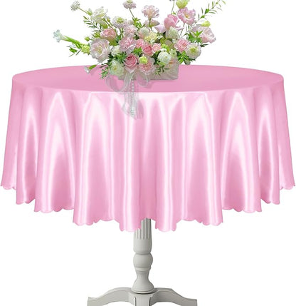 KKJIAF 1 Pack Round Table Cloths 90 Inch, Light Pink Overlay Round Satin Table Cover, Silky Satin Dining Tablecloths for Wedding Buffet Parties Banquet Decoration