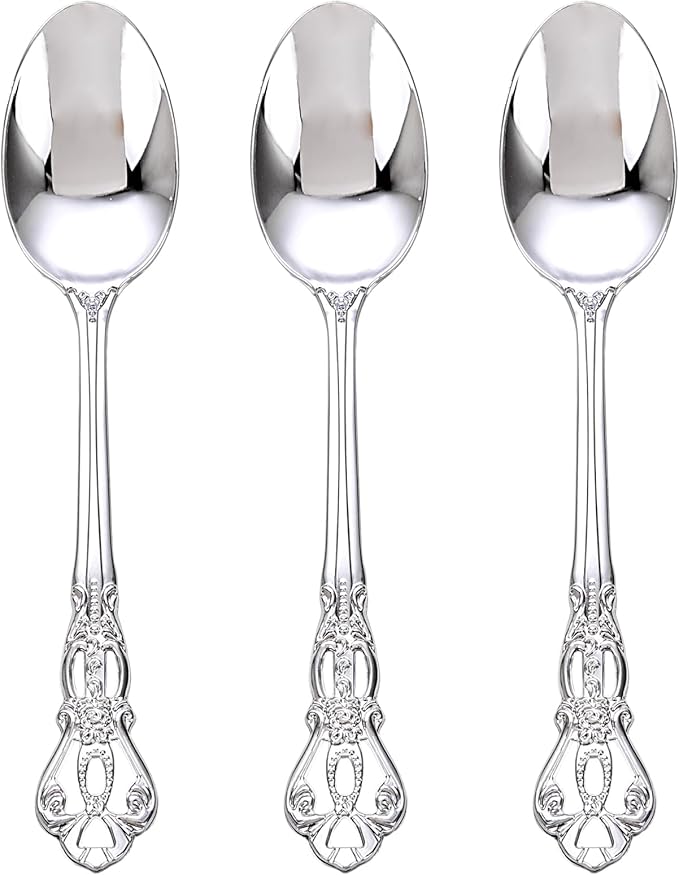 75PCS Silver Plastic Spoons - Silver Spoons Disposable - 8.1 Inch Heavy Duty Plastic Silverware - Heavyweight Elegant Disposable Utensils for Catering, Parties, Dinners, Weddings