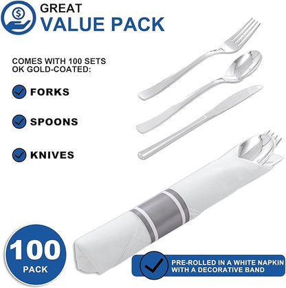 400PCS Pre Rolled Silver Plastic Silverware Sets - Heavy Duty Silver Cutlery - Include 100 Pack Wrapped Disposable Utensils with Napkins for Parties & Dinners & Weddings