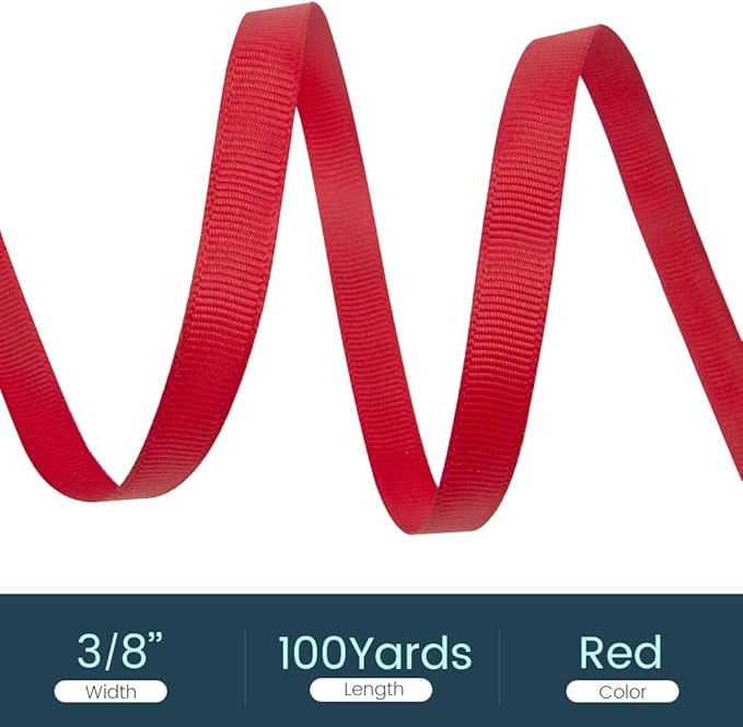 3/8" X 100 Yards Red Grosgrain Ribbon, Premium Grosgrain Ribbon for Sewing, Gift Wrapping, Bow Making, Wedding Decor, Wrapping and More (Red)