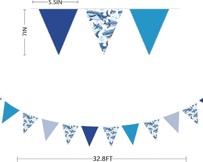 32Ft Shark Party Decorations Blue Cute Shark Triangle Flag Pennant Banner Fabric Garland Streamer for Kids Boys Ocean Birthday Sea Animal Nautical Baby Shower Under The Sea Party Decor Supplies