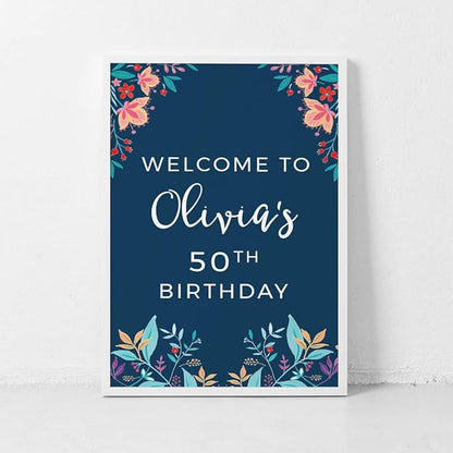 Andaz Press Personalized Extra Large Birthday Easel Board Party Sign, 12x18-inch, Vintage Bohemian Flowers on Navy Blue, Welcome to Olivia's 50th Birthday, 1-Pack, Custom Name Age