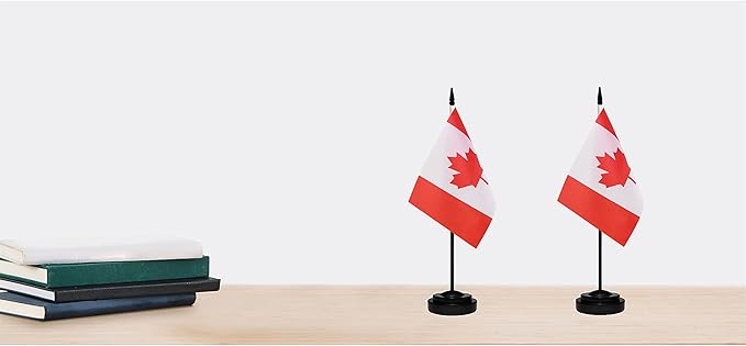 Canada Canadian Deluxe Desk Flag Set Small Mini Miniature CA Canadian Table Desktop Flags With Solid Pole, Black Base and Spear Top(2 Pack)