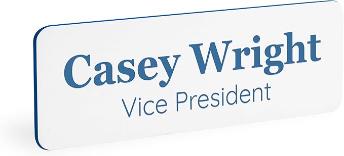 ExcelMark Custom Name Tag - Engraved Name Badge with Pin or Magnetic Backing, 16 Colors, 6 Fonts, and 2 Sizes to Choose from (White w/Blue Letters, 1"x 3")