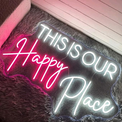 This Is Our Happy Place Neon Sign Custom Bedroom LED Neon Light Home Living Room Salon Wall Decor Wedding Party Decoration Personalized Gift USB Size:20x12inch