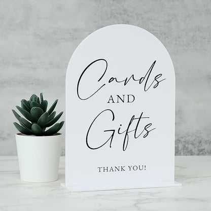 White Arch Acrylic Wedding Sign- 5"x7" Cards and Gifts Sign and Base,1/8" Thick | Modern Calligraphy Arched Acrylic Table Sign for Wedding & Event Party