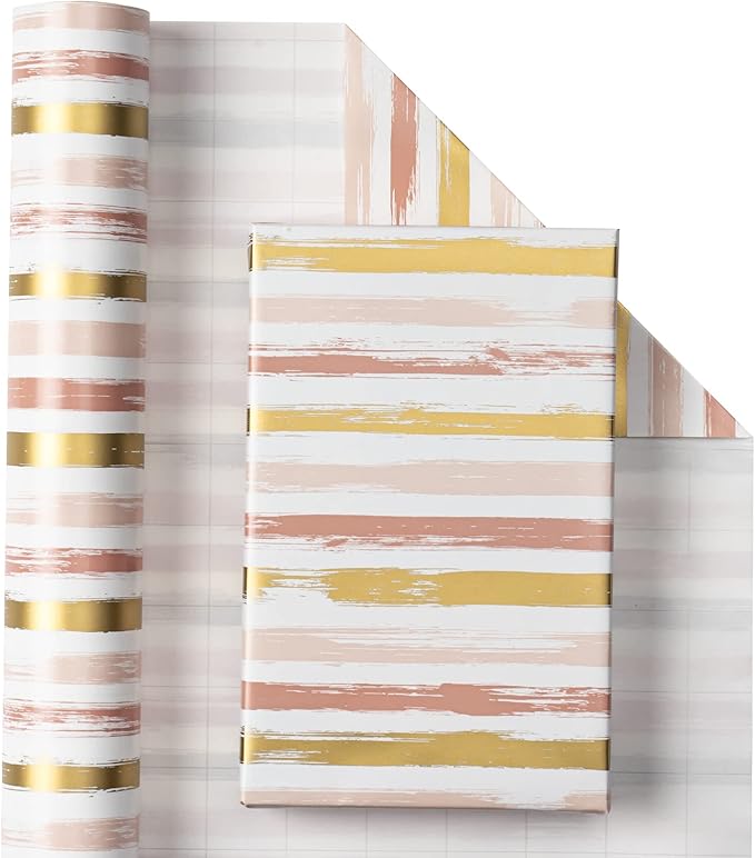 WRAPAHOLIC Reversible Pink Wrapping Paper - Mini Roll - 17 Inch X 33 Feet - Pink Gold Lines and Solid Pink Design for Girls Birthday, Baby Shower, Wedding, Bridal Shower
