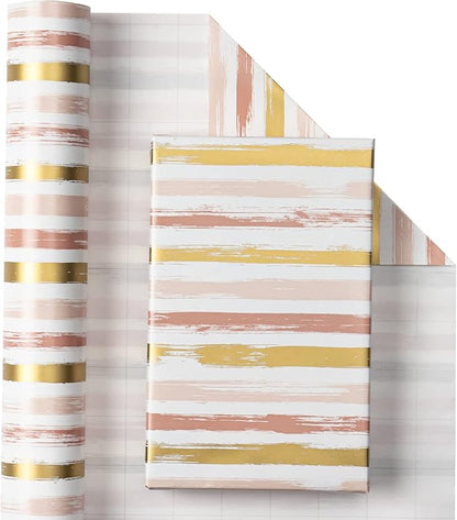 WRAPAHOLIC Reversible Pink Wrapping Paper - Mini Roll - 17 Inch X 33 Feet - Pink Gold Lines and Solid Pink Design for Girls Birthday, Baby Shower, Wedding, Bridal Shower