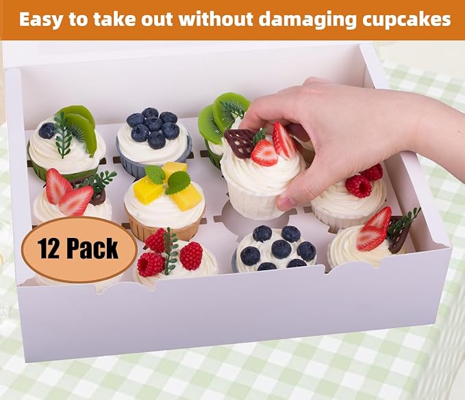 12-Set Cupcake Boxes Hold 12 Standard Cupcakes, Food Grade Cupcake Holders Bakery Carrier Boxes with Windows and Inserts for Cupcakes, Muffins and Pastries (White-12 Pack)