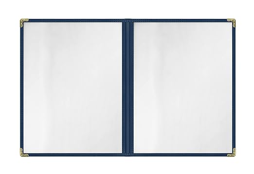 Goodsmart Restaurant Menu Covers - 25 Pack Blue 8.5" x 11", 2-Page/4-View, Side-Loading Vinyl Menu Holders, Clear Sleeves, Double-Stitched Edge, Leather-Style Café Menu Covers with Gold Corners