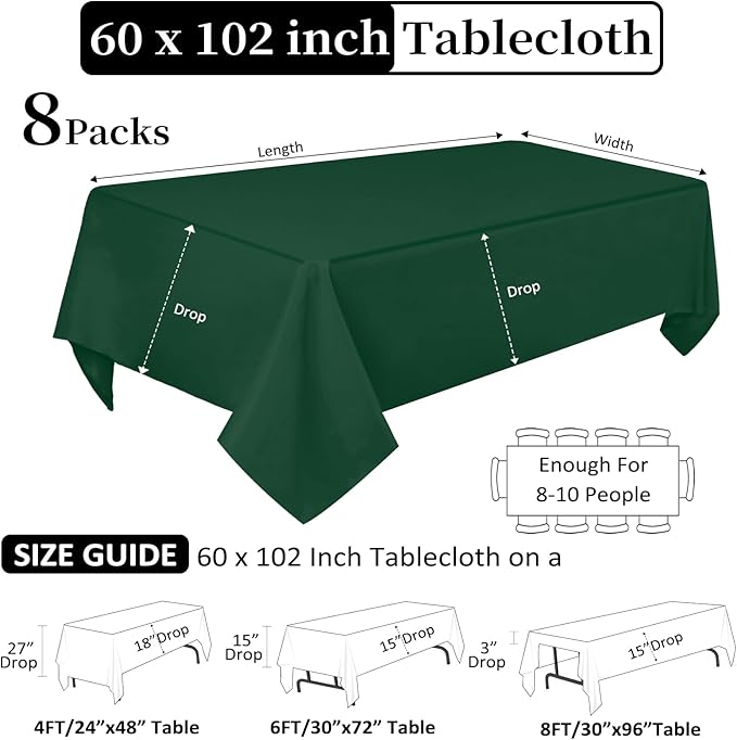 8 Pack Dark Green Tablecloth 60 x 102 Inch Rectangular Tablecloths for 6 Foot Rectangle Tables, Wrinkle Resistant Hunter Green Table Cloth Washable Polyester Fabric for Buffet Wedding Party Banquet