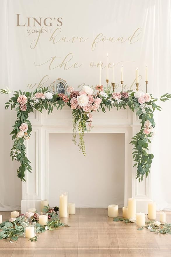Ling's Moment 9FT Spring Flower Garland for Backdrop Decorations - Wedding Arch Flowers, Eucalyptus & Rose, Artificial Floral Garland for Mantle - Sweetheart Table Decor for Reception, Dusty Rose