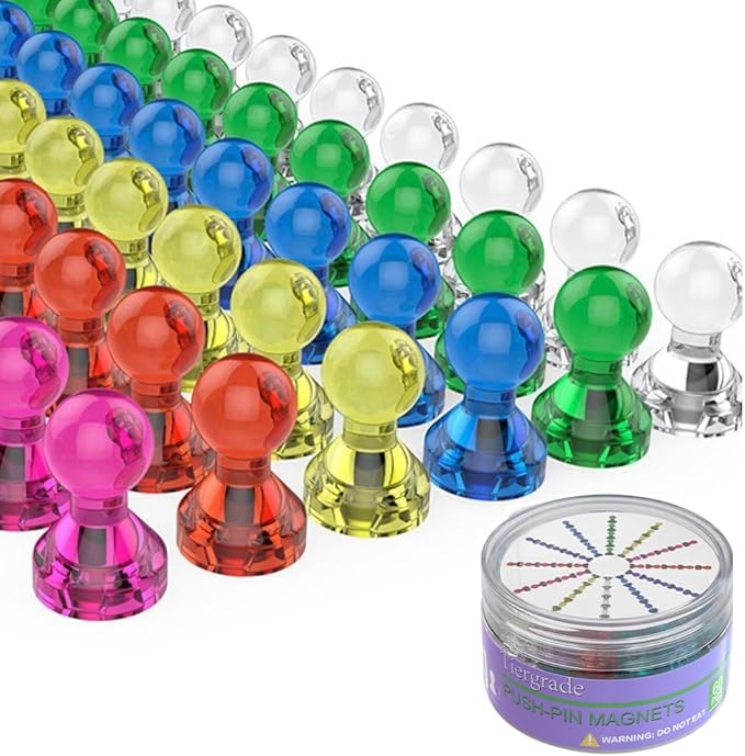 Push Pin Magnets - Tiergrade 60 Pack 7 Assorted Color Strong, Office, Use at Kitchen Home and School Classroom, for Refrigerator Dry Erase Board and Whiteboard.