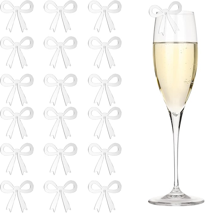 PATIKIL 50 Pcs Bow Drink Tags, Acrylic Wine Glass Charms Reusable Drink Markers for Party Wedding Birthday and Events Accessories, Mirror Silver