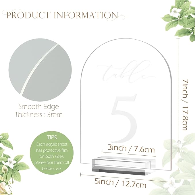 JINMURY Frosted Arch Table Numbers for Wedding, 5x7 Inch Arched Acrylic Table Numbers 1-15 with Stands, Frosted Acrylic Arch Sign with Holder for Centerpiece, Reception, Wedding, Party, Event