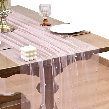Joanlody Fall Pearl Table Runner 10ft Rustic Boho Tulle Table Runner with Pearls for Baby Shower Wedding Party Veil Dessert Thanksgiving Table Decor Pink 4pcs
