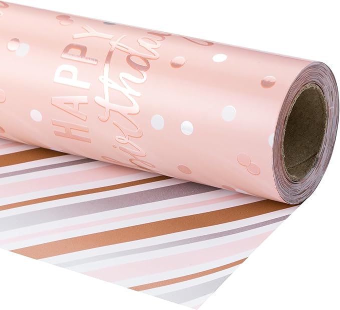 LeZakaa Reversible Pink Birthday Wrapping Paper Roll for Girls Women, Happy Birthday Lettering & Stripe Pattern with Metallic Foil in Pink, Mini Roll, 17 inches x 32.8 Feet (46.45 sq.ft.)