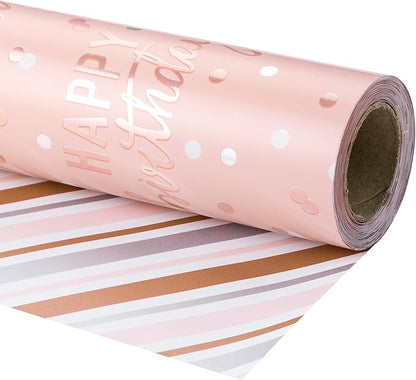 LeZakaa Reversible Pink Birthday Wrapping Paper Roll for Girls Women, Happy Birthday Lettering & Stripe Pattern with Metallic Foil in Pink, Mini Roll, 17 inches x 32.8 Feet (46.45 sq.ft.)