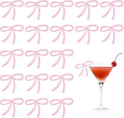 24 Pcs Pink Bow Drink Markers, Pink Bows Charms, Wine Coquette Wine Glass Tags, Drink Glasses Markers, Bar Tools Bow Acrylic Bowknot for Wedding Engagement Bachelorette Party Birthday