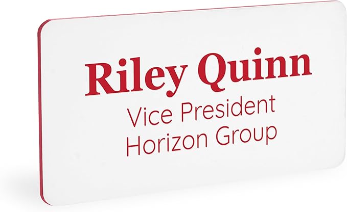 ExcelMark Custom Name Tag - Engraved Name Badge with Pin or Magnetic Backing, 16 Colors, 6 Fonts, and 2 Sizes to Choose from (White w/Red Letters, 1.5"x 3")