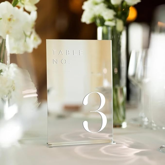 JINMURY Sliver Wedding Table Numbers 1-10 with Stands, 5"x7" Sliver Mirror Acrylic Table Numbers for Wedding Reception(Sliver Mirror White Font, Number 1-10, 5"x7")
