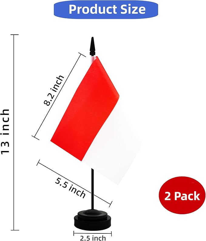 2 Pack Indonesia Desk Flag, Indonesian Table Office Flag with Solid Pole and Stand Base, International Country Flag, Festival Celebration, Classroom Meeting Desktop Decoration (Indonesia)