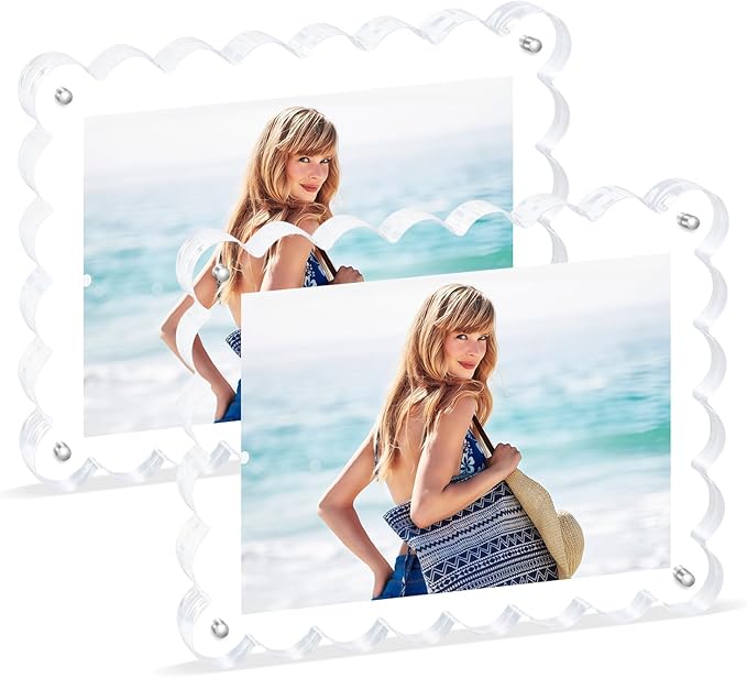 2Pack Acrylic Magnetic Photo Frame 5x7 Inch - Sleek Scalloped Design, 10+10mm Thick Crystal Clear Block, Freestanding Double-Sided Magnet |Trendy Home Gift (2 Pack, 5X7)