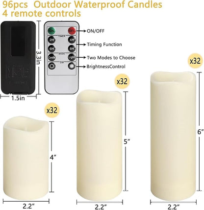 Set of 96 Flameless Led Battery Opeated (D2.2'' x H4''5''6'') Waterproof Outdoor Indoor Candles with 10-Key Remotes and Cycling 24 Hours Timer