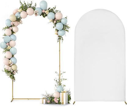 Skypatio 7.2FT Wedding Metal Arch Backdrop Stand with White Backdrop Cover, Balloon Gold Arch Stand for Birthday Party Baby Shower Wedding Decoration Stand for Backdrop