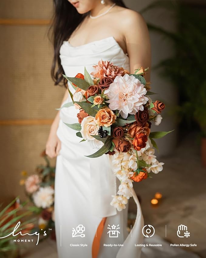 Ling's moment Terracotta Bridal Bouquet Cascading, Orange Wedding Bouquets for Bride, 13 Inch Bride Bouquets for Wedding Artificial Flowers Bouquets