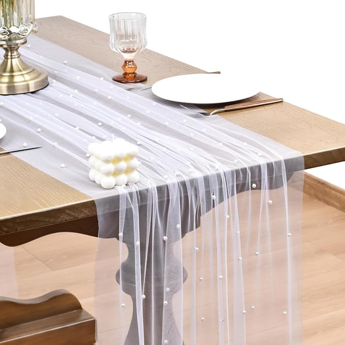 Joanlody Fall Pearl Table Runner 10ft Rustic Boho Tulle Table Runner with Pearls for Baby Shower Wedding Party Veil Dessert Thanksgiving Table Decor White 4pcs