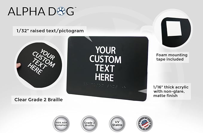 ALPHA DOG ADA SIGNS Custom ADA Compliant Braille Sign, 6"x9" Room Identification Plaque, Tactile Text, Raised Letters, Personalized 4-Line, Indoor/Outdoor, USA-Made (Black)