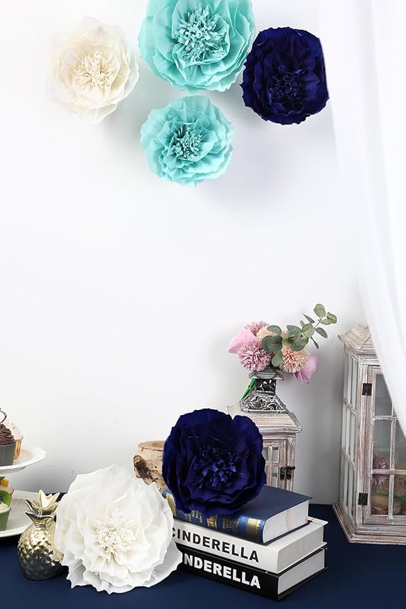 Paper Flower Decorations for Wall, Navy Blue Wedding Backdrop, Baby Boy Nursery Wall Decor, Bridal Shower, Nautical Theme Birthday Party (Navy Blue, Light Blue, White, Set of 6)