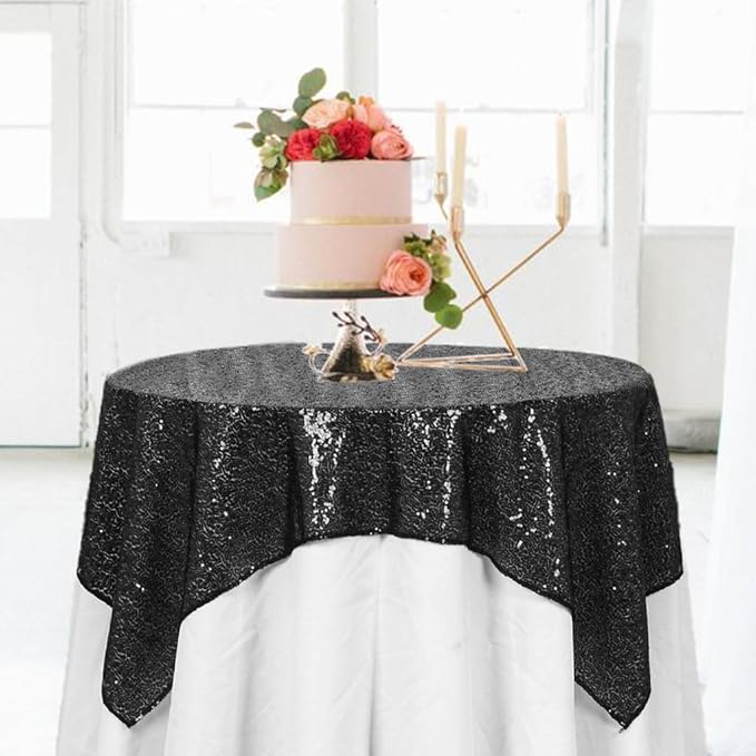 ShinyBeauty Sequin Tablecloth Black 72''x72'' Square Black Glitter Table Cover for Parties Wedding Event Decor Sparkley Tablecloth Kitchen Linen