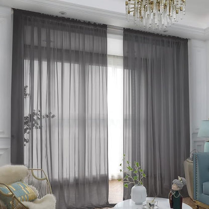 Window Dark Gray Sheer Curtains 90 Inches Long 2 Panels Sheer Curtain Basic Rod Pocket Panel for Bedroom Children Living Room Yard Kitchen (Dark Gray, 52" W x 90" L | 2 pcs)