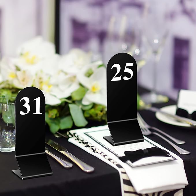 Remerry 50 Pcs Table Numbers 1-50 Acrylic Double Sided Number Cards Acrylic Tent Table Holders Tent Cards Wedding for Restaurant, 2.36 x 6.3 Inch (Black)