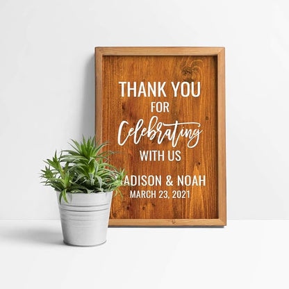 Andaz Press Personalized Extra Large Wedding Easel Board Party Sign, 12x18-inch, Rustic Barn Wood, Thank You for Celebrating With Us Bride Groom Name Date, 1-Pack, Custom