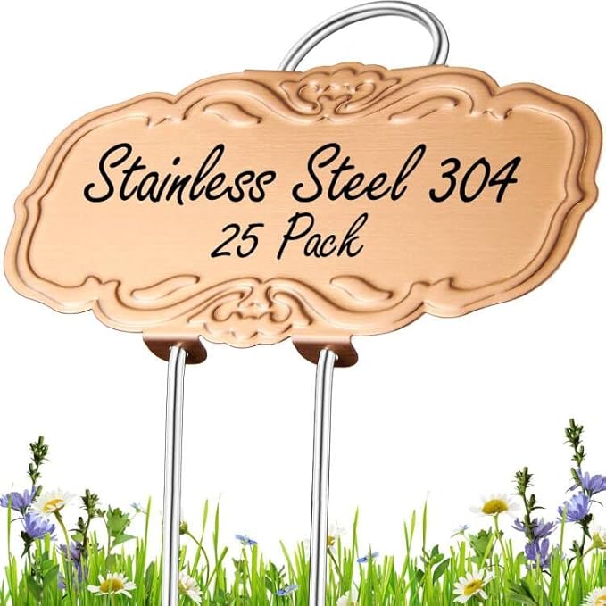 Updated Metal Plant Labels for Garden, 25 Pack Stainless Steel DIY Plant Markers Waterproof for Flowers Pots, Vegetables, Seedlings, Seed (Gold Rose)